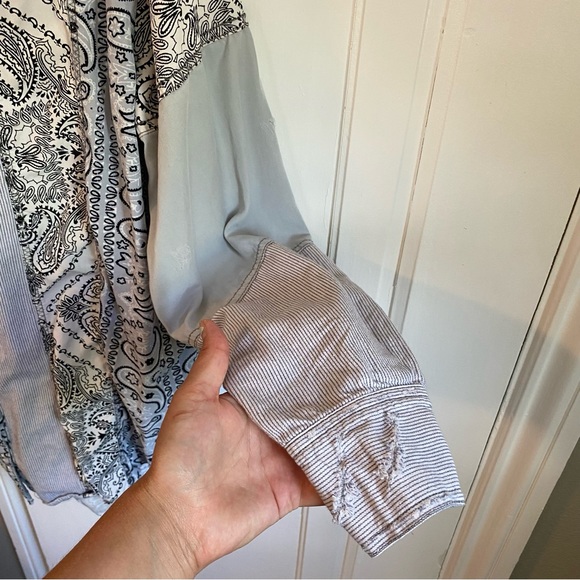 Free People Paisley Patchwork Oversized Button Up Shirt, Blue & White Floral Top - Picture 10 of 11